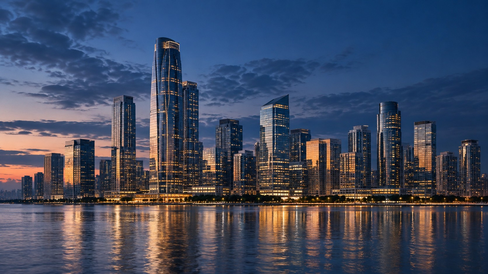 Contemporary waterfront architecture in evening light