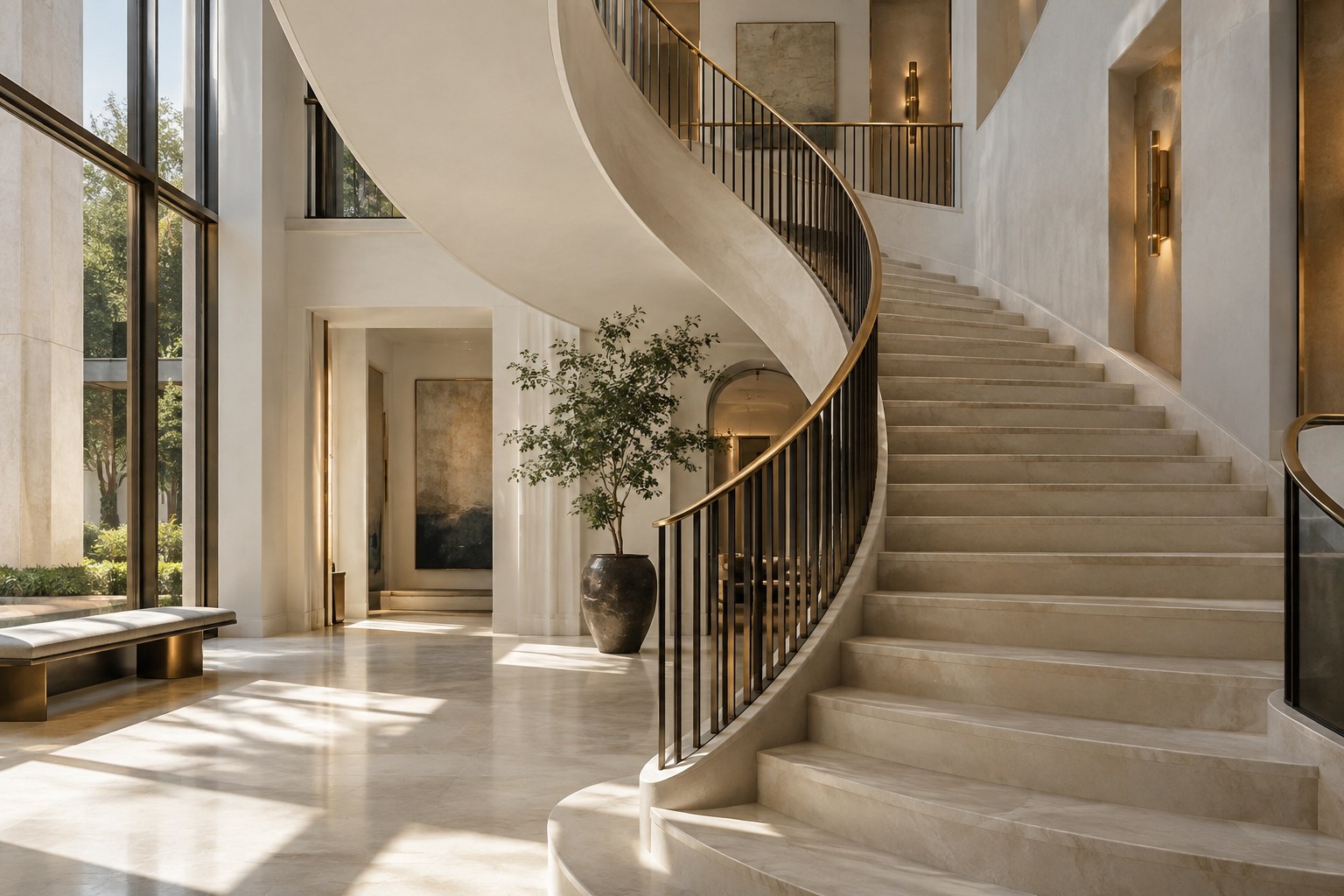 A sculptural staircase rising through a sunlit atrium